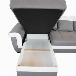 SALON D'ANGLE REVERSIBLE SLATTE SMAL AVEC LIT ET COFFRE EN TISSUS SUN GRIS ET NOIRE